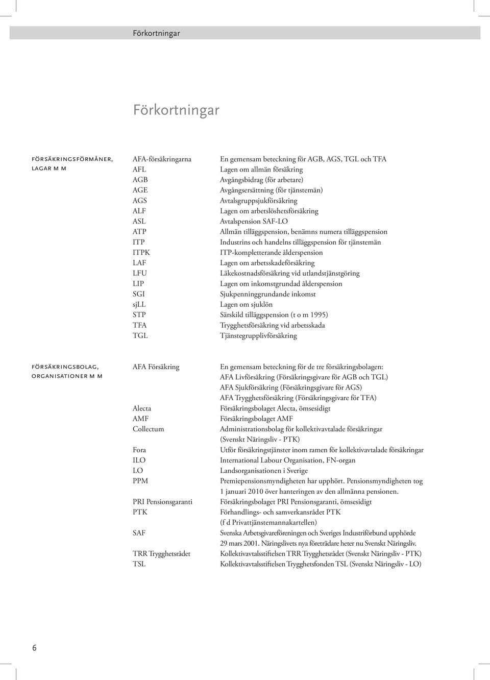 Industrins och handelns tilläggspension för tjänstemän ITPK ITP-kompletterande ålderspension LAF Lagen om arbetsskadeförsäkring LFU Läkekostnadsförsäkring vid utlandstjänstgöring LIP Lagen om