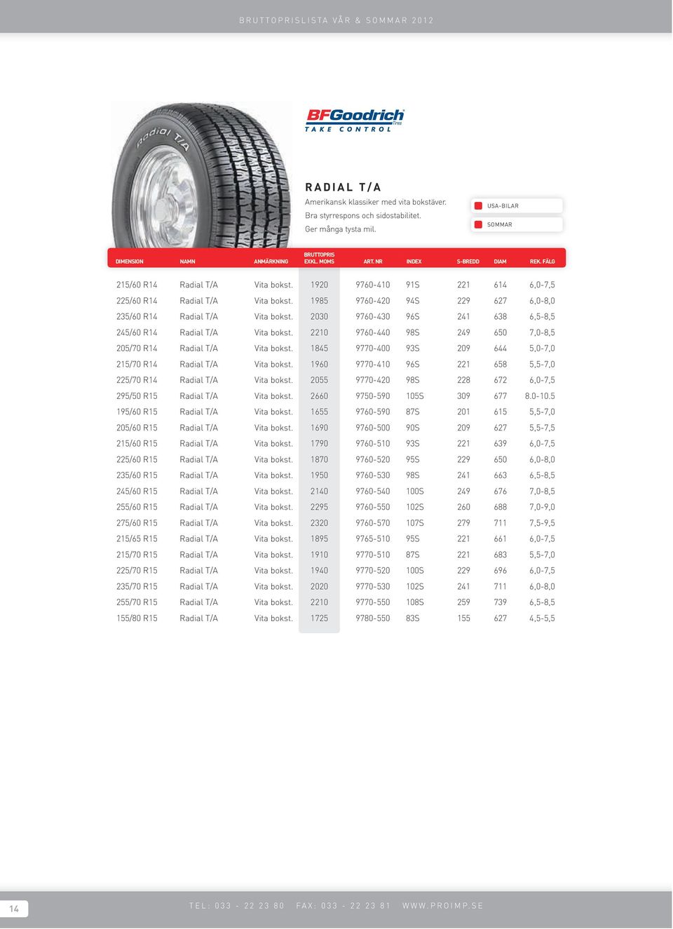 2030 9760-430 96S 241 638 6,5-8,5 245/60 R14 Radial T/A Vita bokst. 2210 9760-440 98S 249 650 7,0-8,5 205/70 R14 Radial T/A Vita bokst.