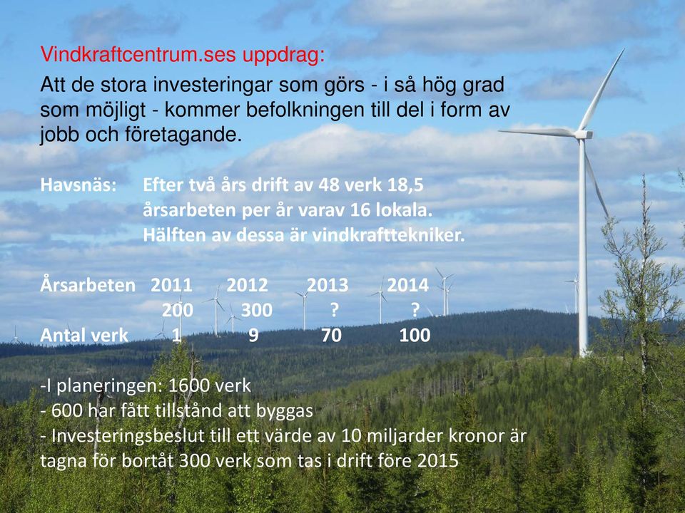 företagande. Havsnäs: Efter två års drift av 48 verk 18,5 årsarbeten per år varav 16 lokala.