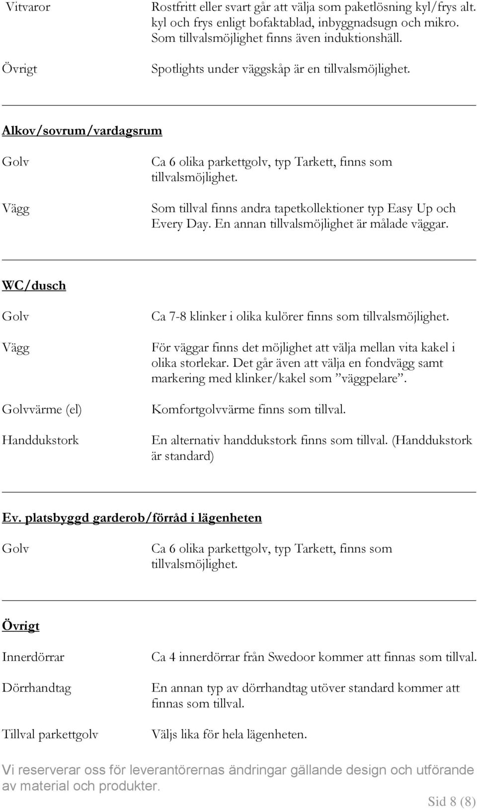 Som tillval finns andra tapetkollektioner typ Easy Up och Every Day. En annan tillvalsmöjlighet är målade väggar.