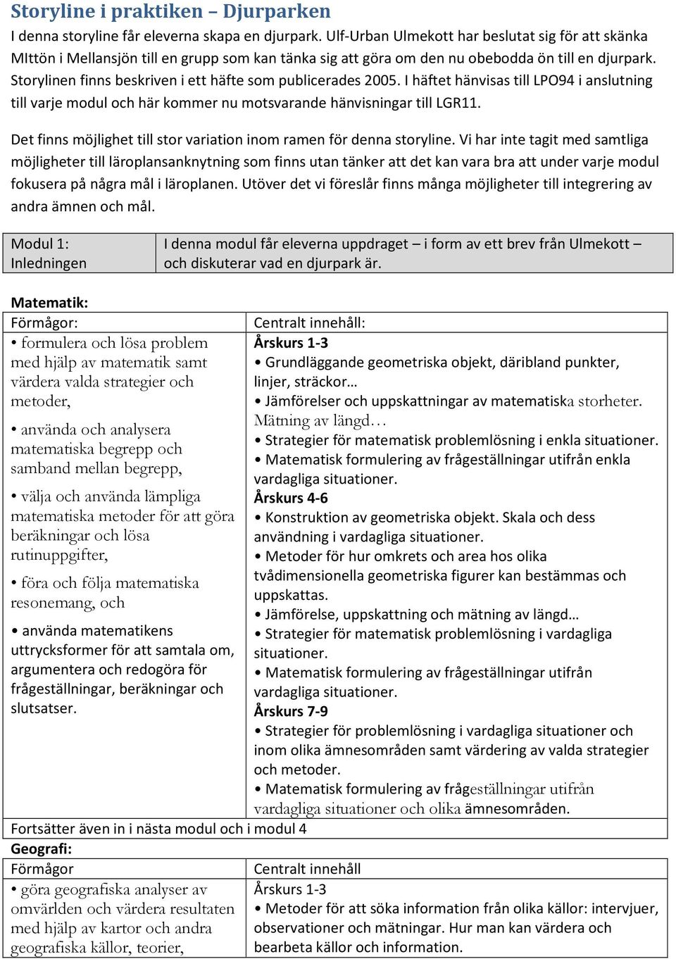 Storylinen finns beskriven i ett häfte som publicerades 2005. I häftet hänvisas till LPO94 i anslutning till varje modul och här kommer nu motsvarande hänvisningar till LGR11.