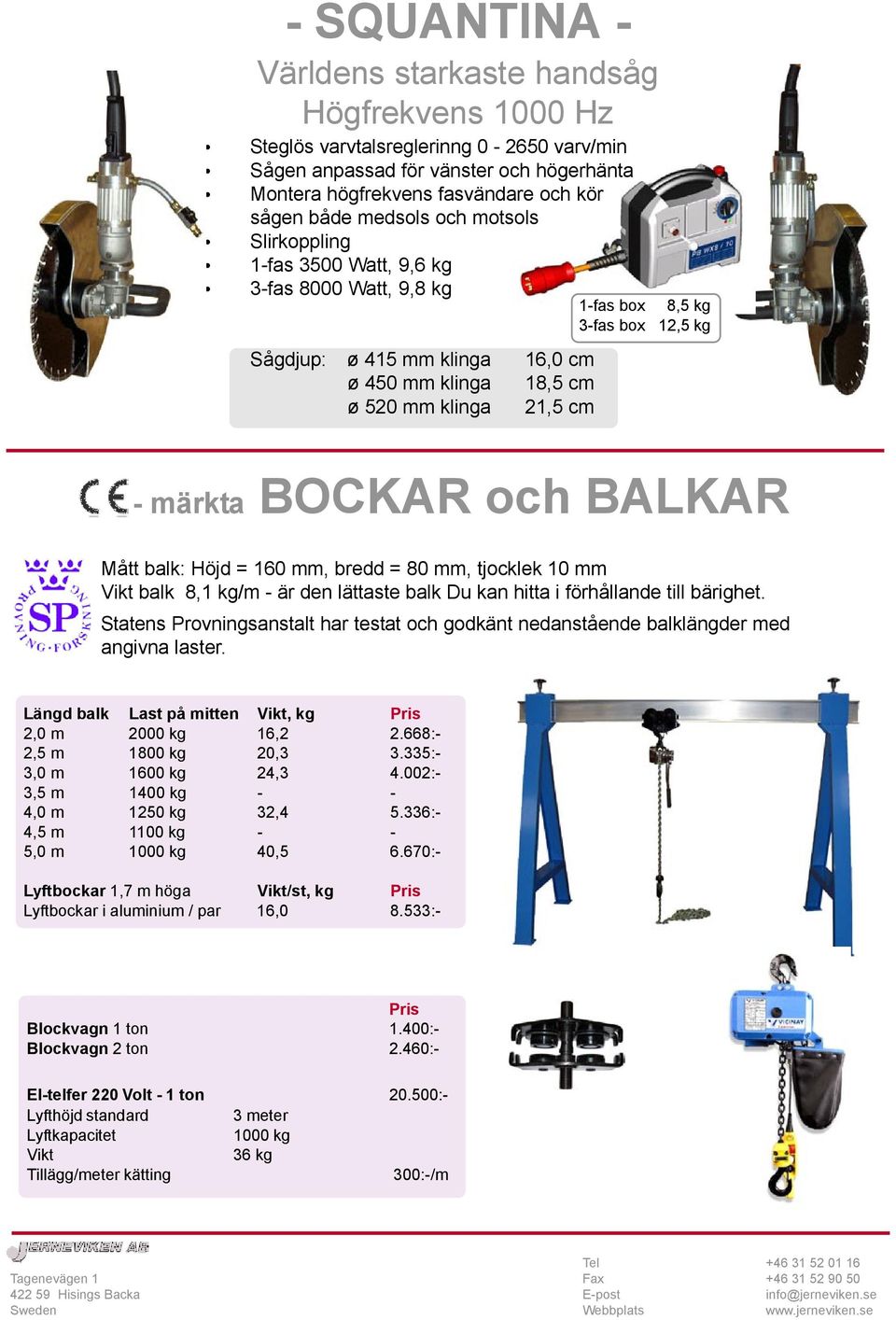 märkta BOCKAR och BALKAR Mått balk: Höjd = 160 mm, bredd = 80 mm, tjocklek 10 mm Vikt balk 8,1 kg/m - är den lättaste balk Du kan hitta i förhållande till bärighet.