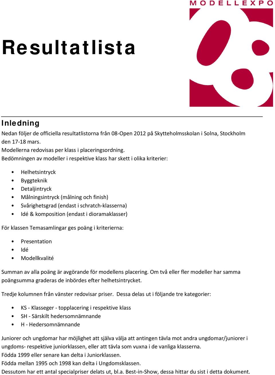 komposition (endast i dioramaklasser) För klassen Temasamlingar ges poäng i kriterierna: Presentation Idé Modellkvalité Summan av alla poäng är avgörande för modellens placering.