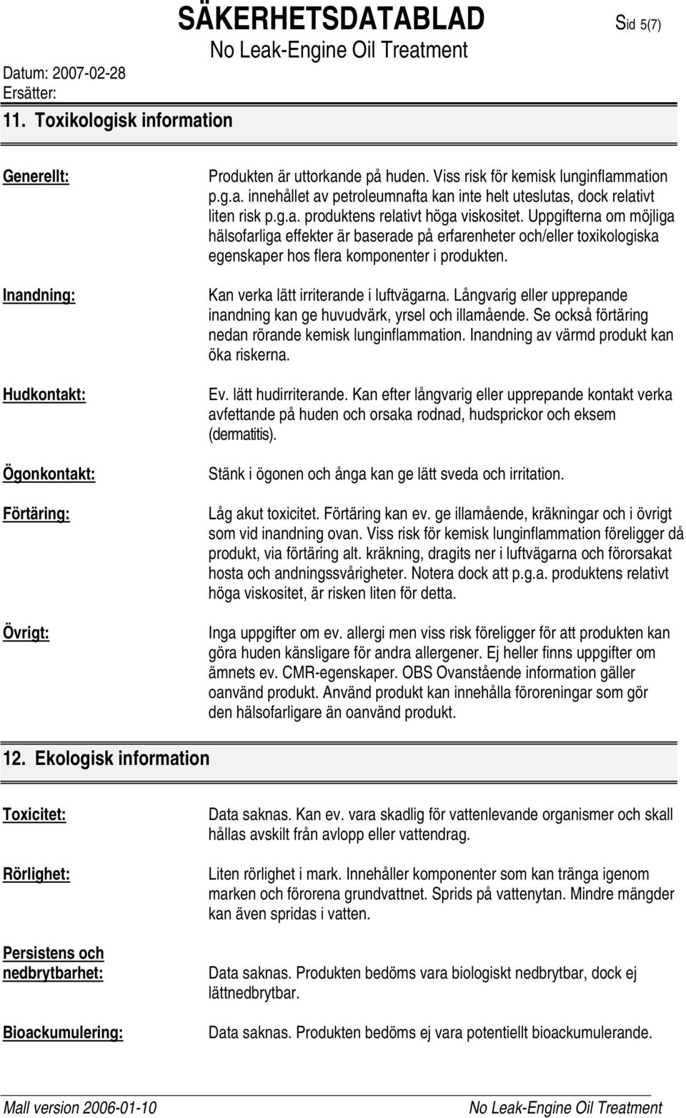 Kan verka lätt irriterande i luftvägarna. Långvarig eller upprepande inandning kan ge huvudvärk, yrsel och illamående. Se också förtäring nedan rörande kemisk lunginflammation.