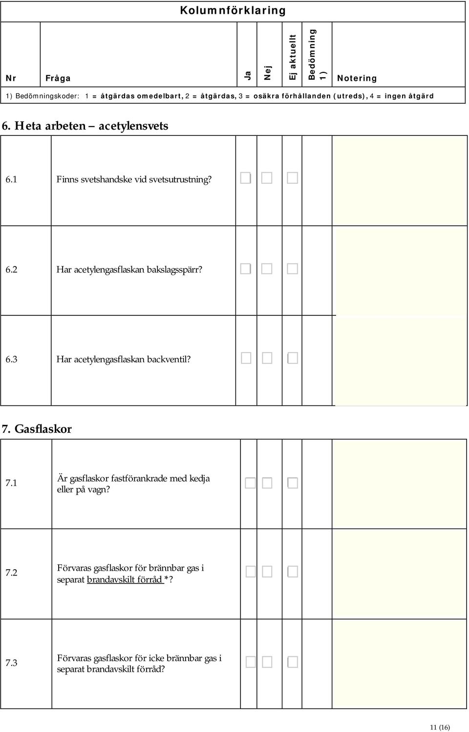 7. Gasflaskor 7.1 Är gasflaskor fastförankrade med kedja eller på vagn? 7.2 Förvaras gasflaskor för brännbar gas i separat brandavskilt förråd *?