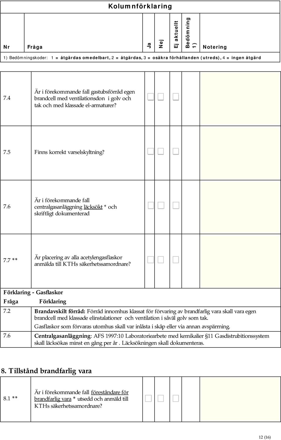 5 Finns korrekt varselskyltning? 7.6 Är i förekommande fall centralgasanläggning läcksökt * och skriftligt dokumenterad 7.