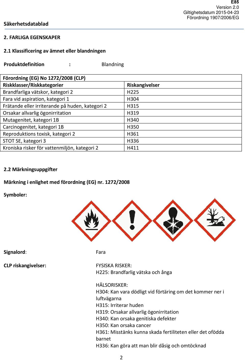 1 Frätande eller irriterande på huden, kategori 2 Orsakar allvarlig ögonirritation Mutagenitet, kategori 1B Carcinogenitet, kategori 1B Reproduktions toxisk, kategori 2 STOT SE, kategori 3 Kroniska