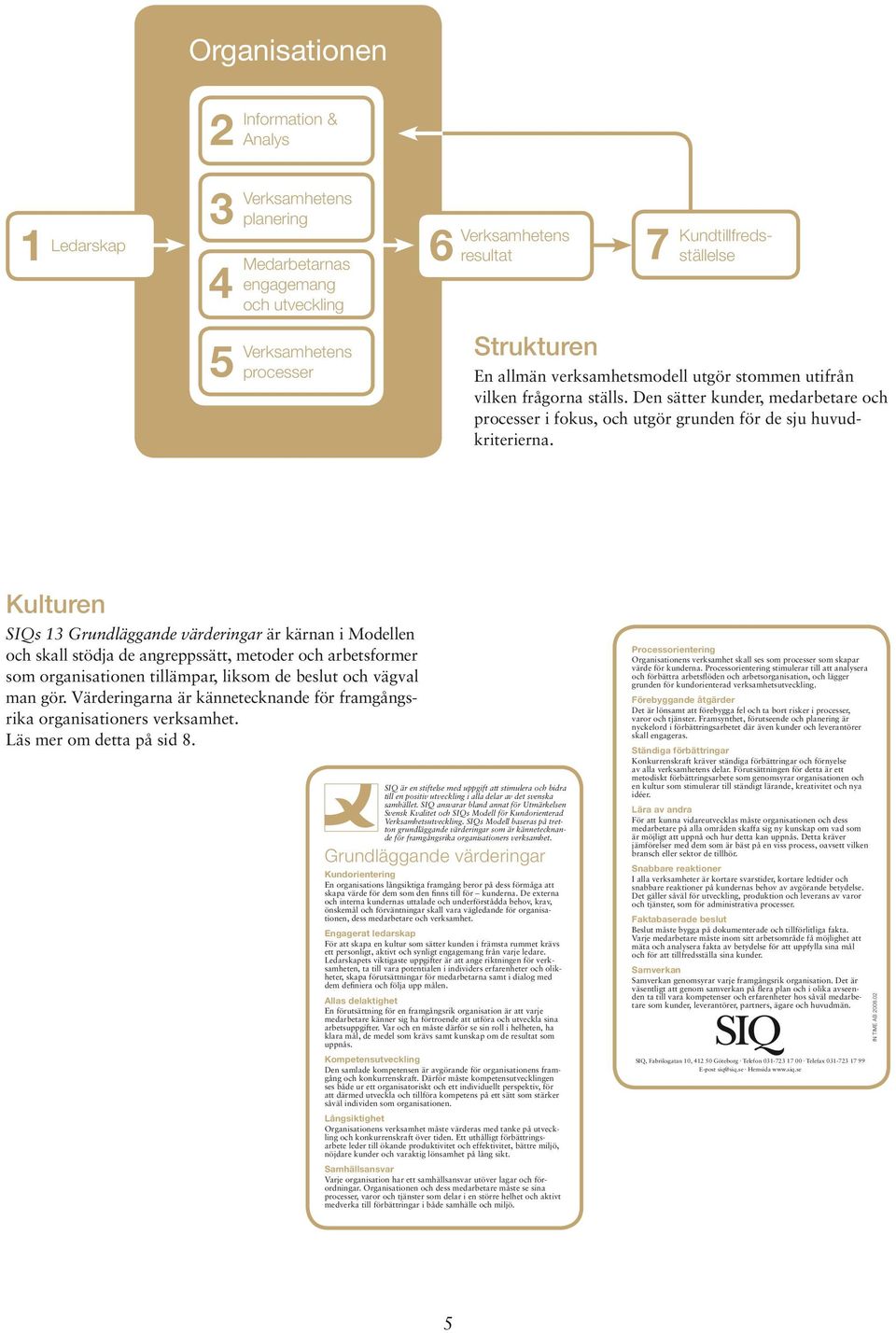 Kulturen SIQs 13 Grundläggande värderingar är kärnan i Modellen och skall stödja de angreppssätt, metoder och arbetsformer som organisationen tillämpar, liksom de beslut och vägval man gör.