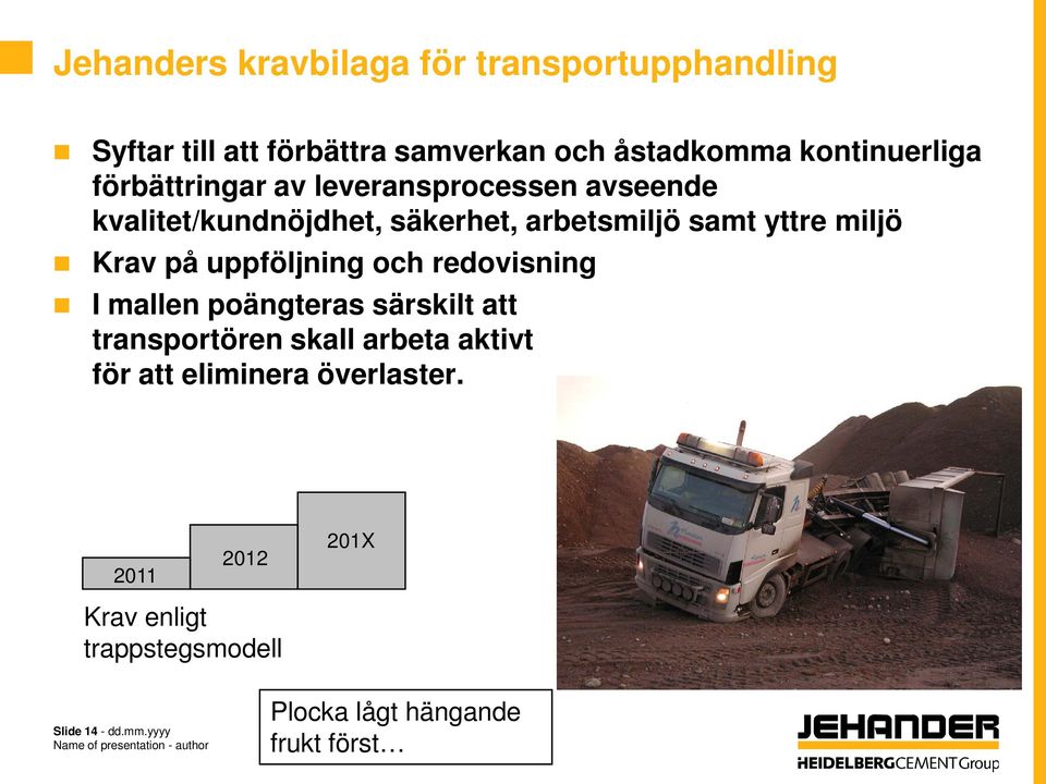 på uppföljning och redovisning I mallen poängteras särskilt att transportören skall arbeta aktivt för att