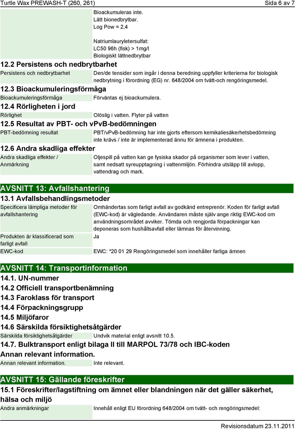 5 Resultat av PBT- och vpvb-bedömningen PBT-bedömning resultat 12.6 Andra skadliga effekter Andra skadliga effekter / Anmärkning AVSNITT 13: Avfallshantering 13.