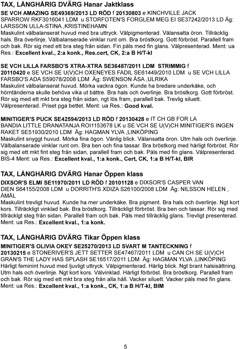 Parallell fram och bak. Rör sig med ett bra steg från sidan. Fin päls med fin glans. Välpresenterad. Ment: ua Res.: Excellent kval., 2:a konk., Res.