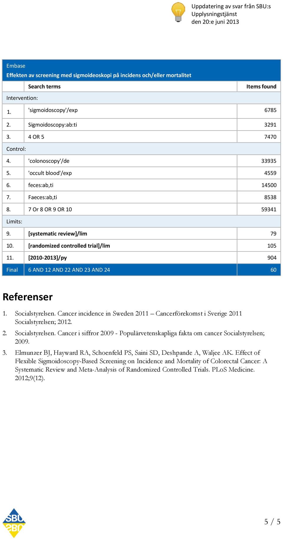 Cancer incidence in Sweden 2011 Cancerförekomst i Sverige 2011 Socialstyrelsen; 2012. 2. Socialstyrelsen. Cancer i siffror 2009 - Populärvetenskapliga fakta om cancer Socialstyrelsen; 2009. 3.