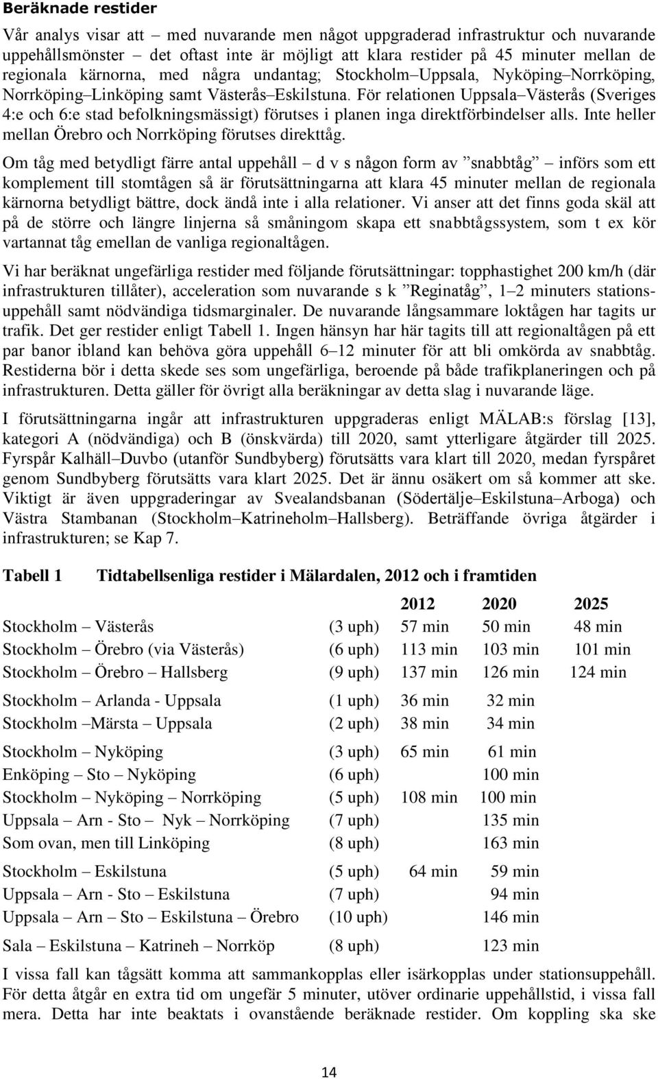 För relationen Uppsala Västerås (Sveriges 4:e och 6:e stad befolkningsmässigt) förutses i planen inga direktförbindelser alls. Inte heller mellan Örebro och Norrköping förutses direkttåg.