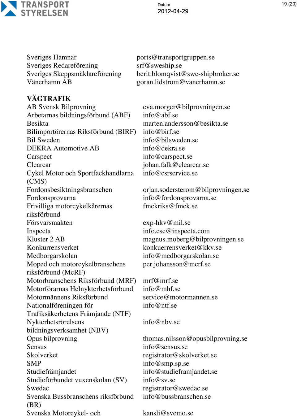 se Bil Sweden info@bilsweden.se DEKRA Automotive AB info@dekra.se Carspect info@carspect.se Clearcar johan.falk@clearcar.se Cykel Motor och Sportfackhandlarna info@csrservice.