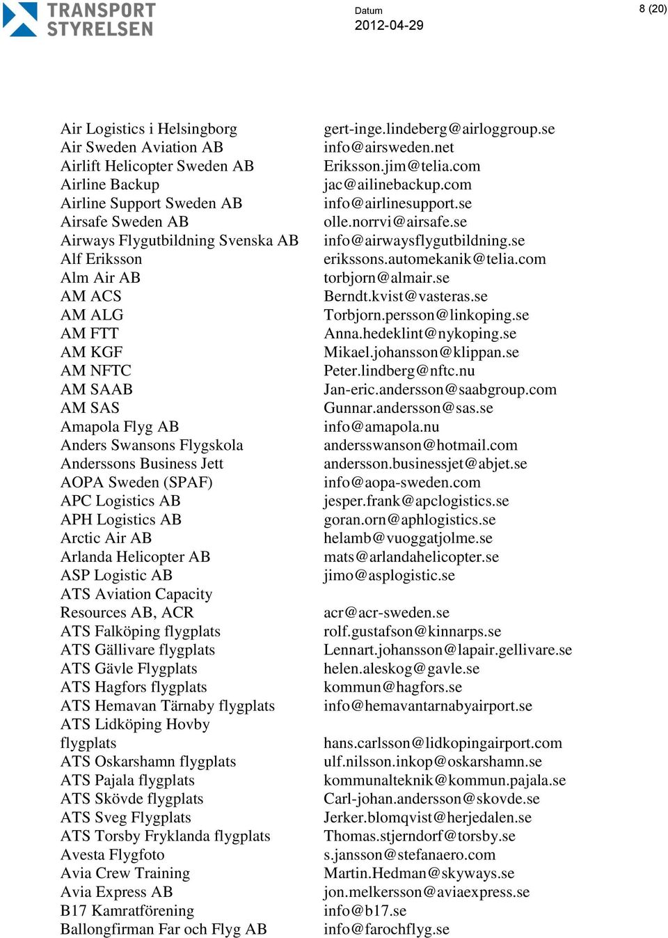 Arlanda Helicopter AB ASP Logistic AB ATS Aviation Capacity Resources AB, ACR ATS Falköping flygplats ATS Gällivare flygplats ATS Gävle Flygplats ATS Hagfors flygplats ATS Hemavan Tärnaby flygplats