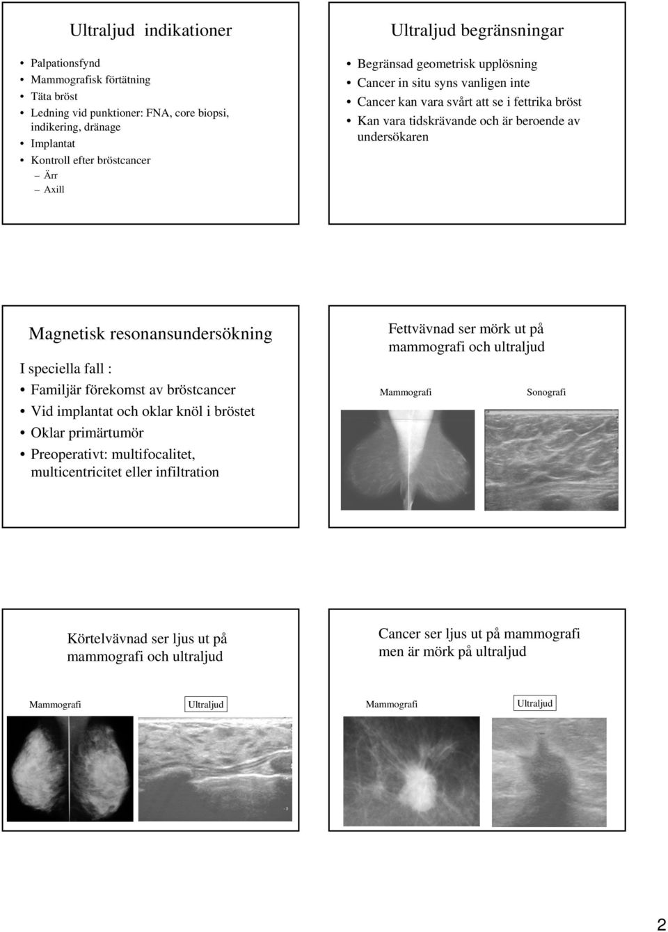 resonansundersökning I speciella fall : Familjär förekomst av bröstcancer Vid implantat och oklar knöl i bröstet Oklar primärtumör Preoperativt: multifocalitet, multicentricitet eller infiltration