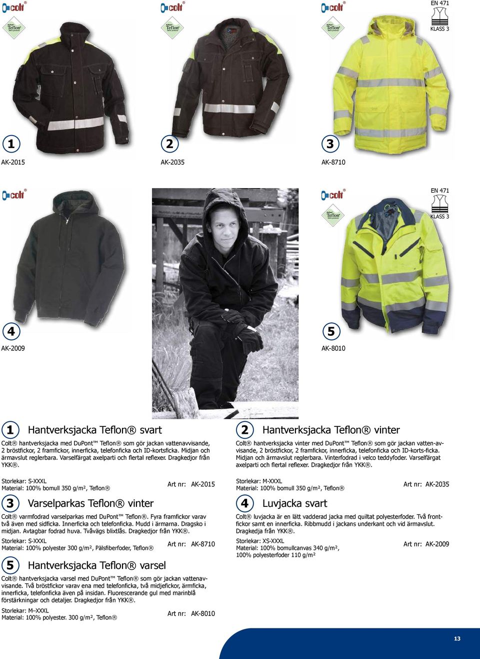 Storlekar: S-XXXL Material: 00% bomull 50 g/m², Teflon Varselparkas Teflon vinter Colt varmfodrad varselparkas med DuPont Teflon. Fyra framfickor varav två även med sidficka.