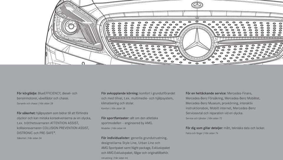 trötthetsvarnaren ATTENTION ASSIST, kollisionsvarnaren COLLISION PREVENTION ASSIST, DISTRONIC och PRE-SAFE.