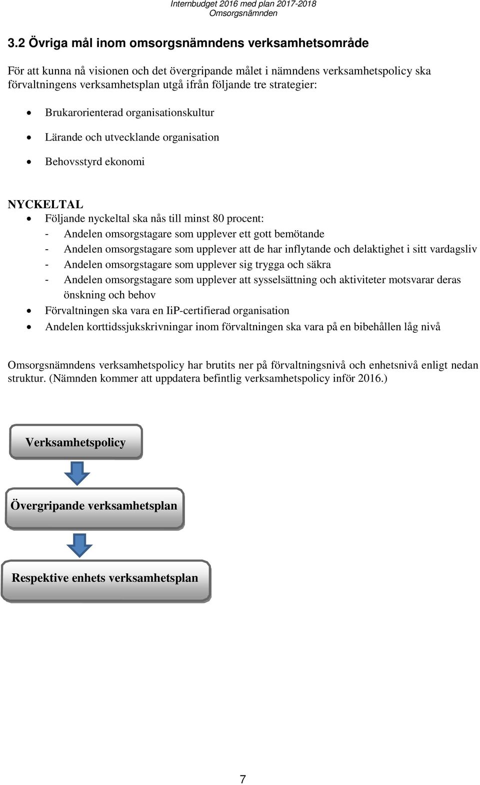 strategier: Brukarorienterad organisationskultur Lärande och utvecklande organisation Behovsstyrd ekonomi NYCKELTAL Följande nyckeltal ska nås till minst 80 procent: - Andelen omsorgstagare som