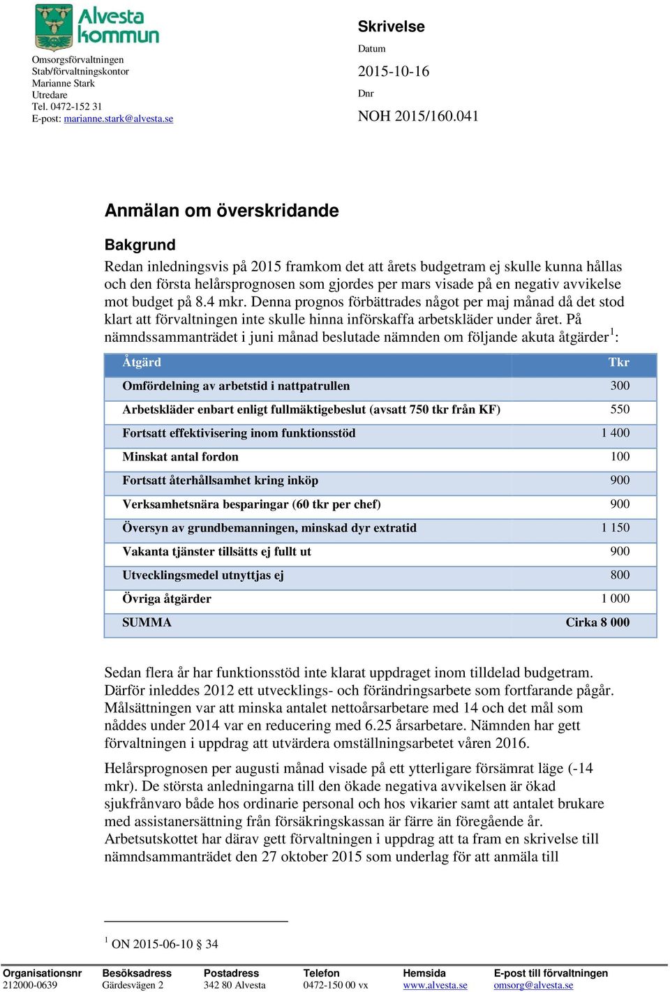 avvikelse mot budget på 8.4 mkr. Denna prognos förbättrades något per maj månad då det stod klart att förvaltningen inte skulle hinna införskaffa arbetskläder under året.