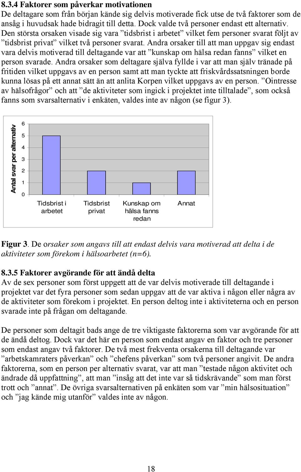 Andra orsaker till att man uppgav sig endast vara delvis motiverad till deltagande var att kunskap om hälsa redan fanns vilket en person svarade.