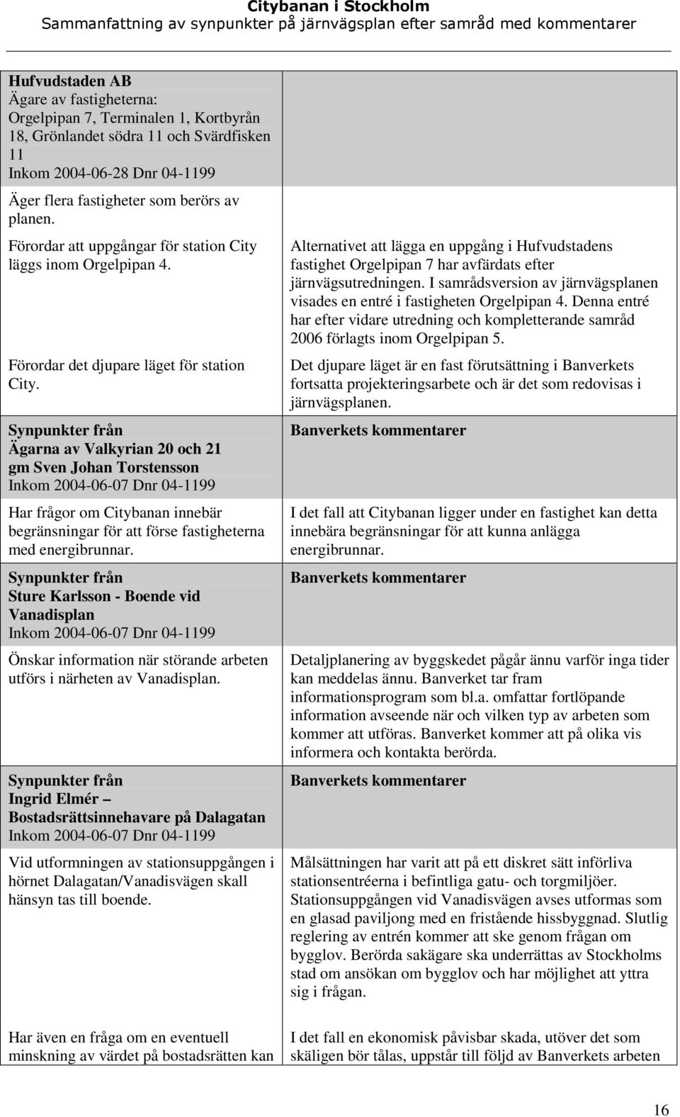 Ägarna av Valkyrian 20 och 21 gm Sven Johan Torstensson Inkom 2004-06-07 Dnr 04-1199 Har frågor om Citybanan innebär begränsningar för att förse fastigheterna med energibrunnar.