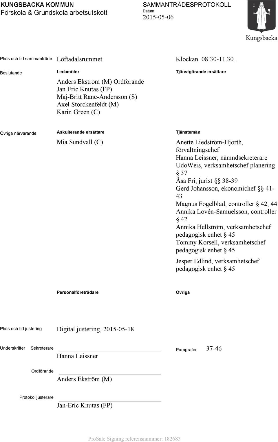 Beslutande Ledamöter Anders Ekström (M) Ordförande Jan Eric Knutas (FP) Maj-Britt Rane-Andersson (S) Axel Storckenfeldt (M) Karin Green (C) Tjänstgörande ersättare Övriga närvarande Askulterande