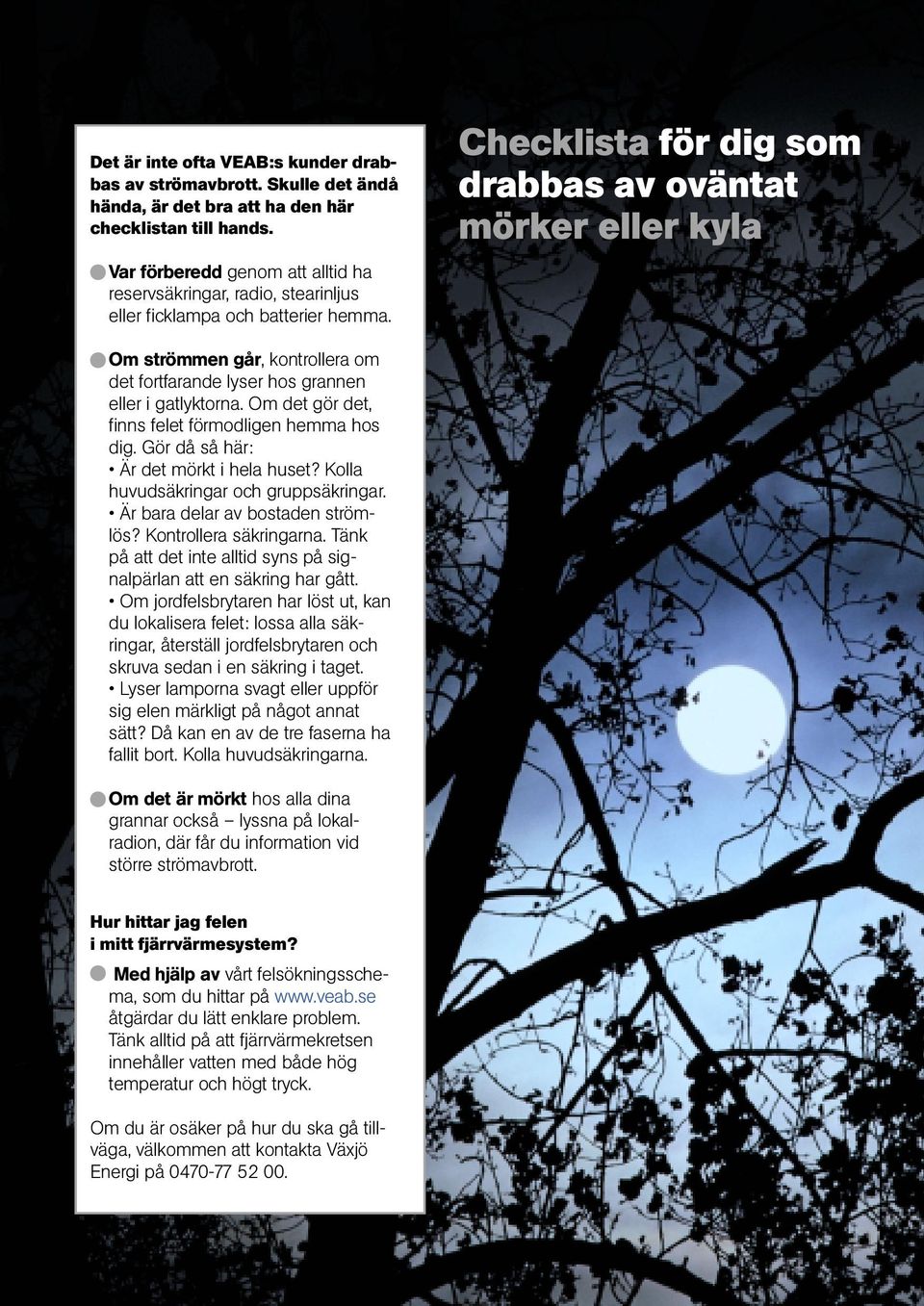 Checklista för dig som drabbas av oväntat mörker eller kyla Om strömmen går, kontrollera om det fortfarande lyser hos grannen eller i gatlyktorna.