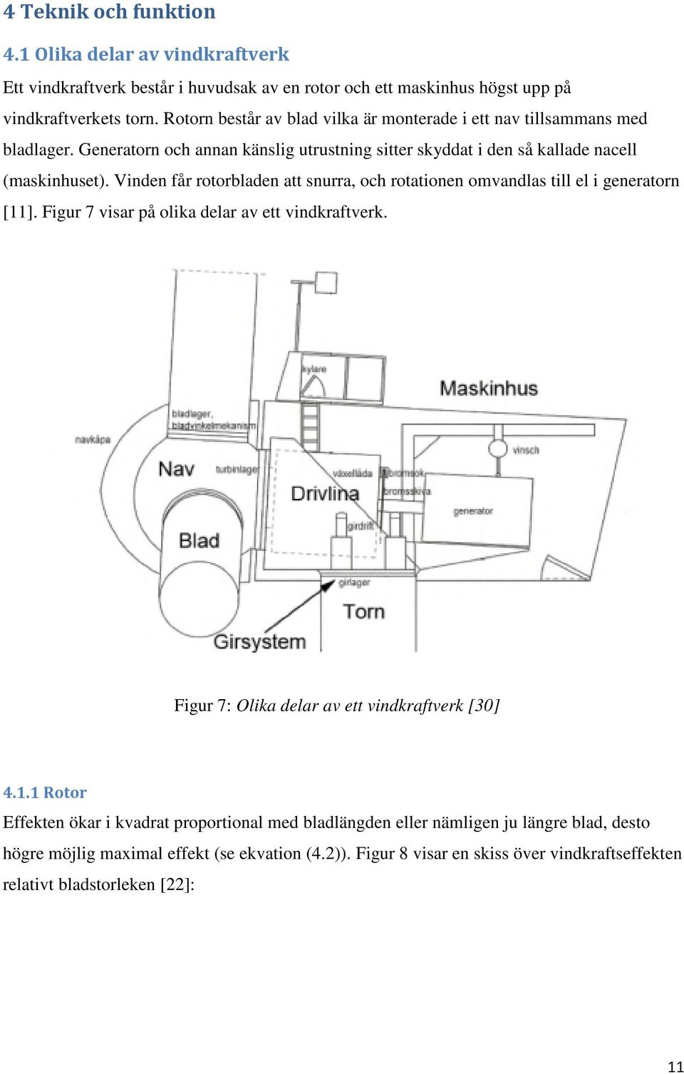 Vinden får rotorbladen att snurra, och rotationen omvandlas till el i generatorn [11]. Figur 7 visar på olika delar av ett vindkraftverk.