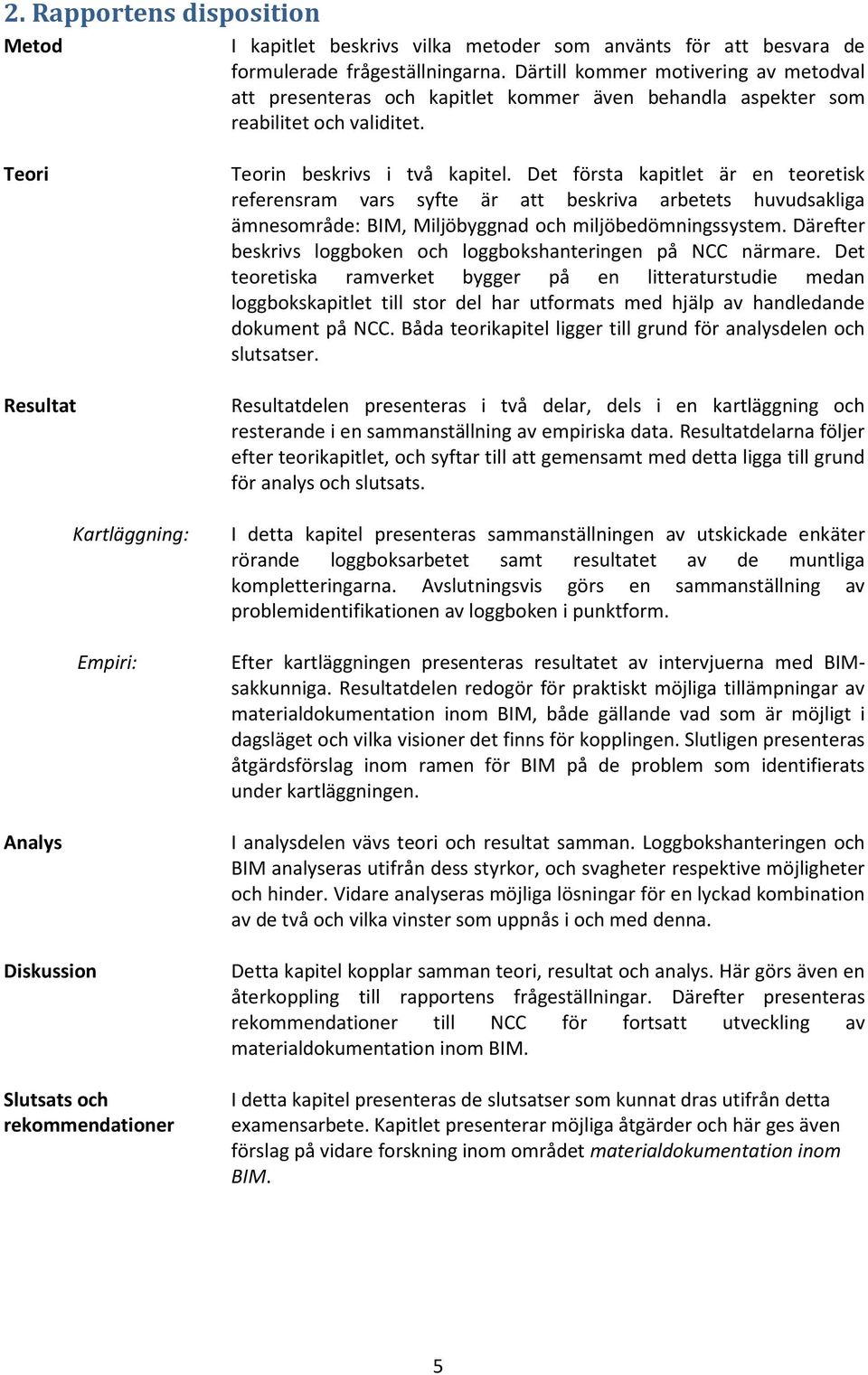 Teori Resultat Analys Diskussion Kartläggning: Empiri: Slutsats och rekommendationer Teorin beskrivs i två kapitel.