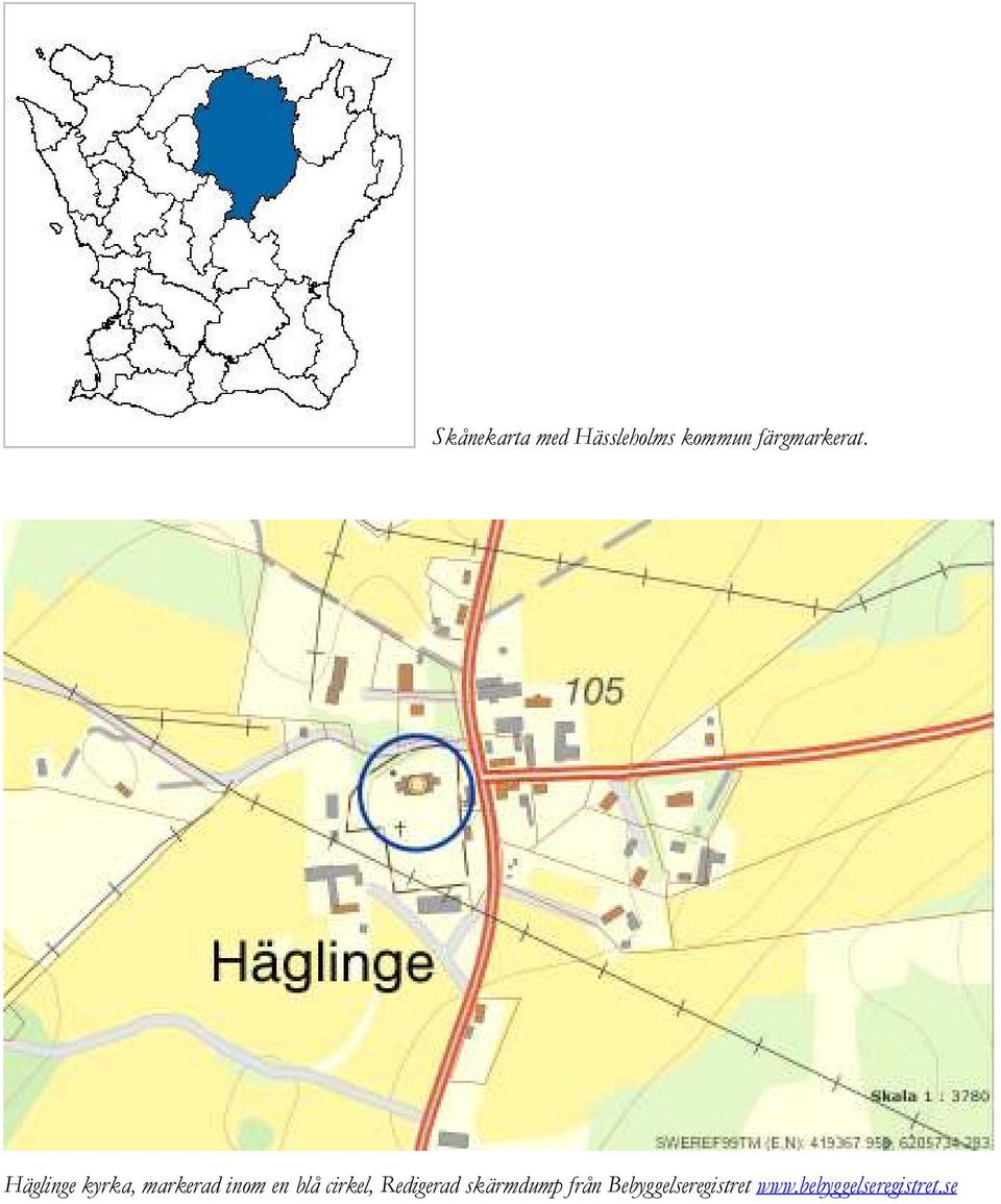 Häglinge kyrka, markerad inom en blå