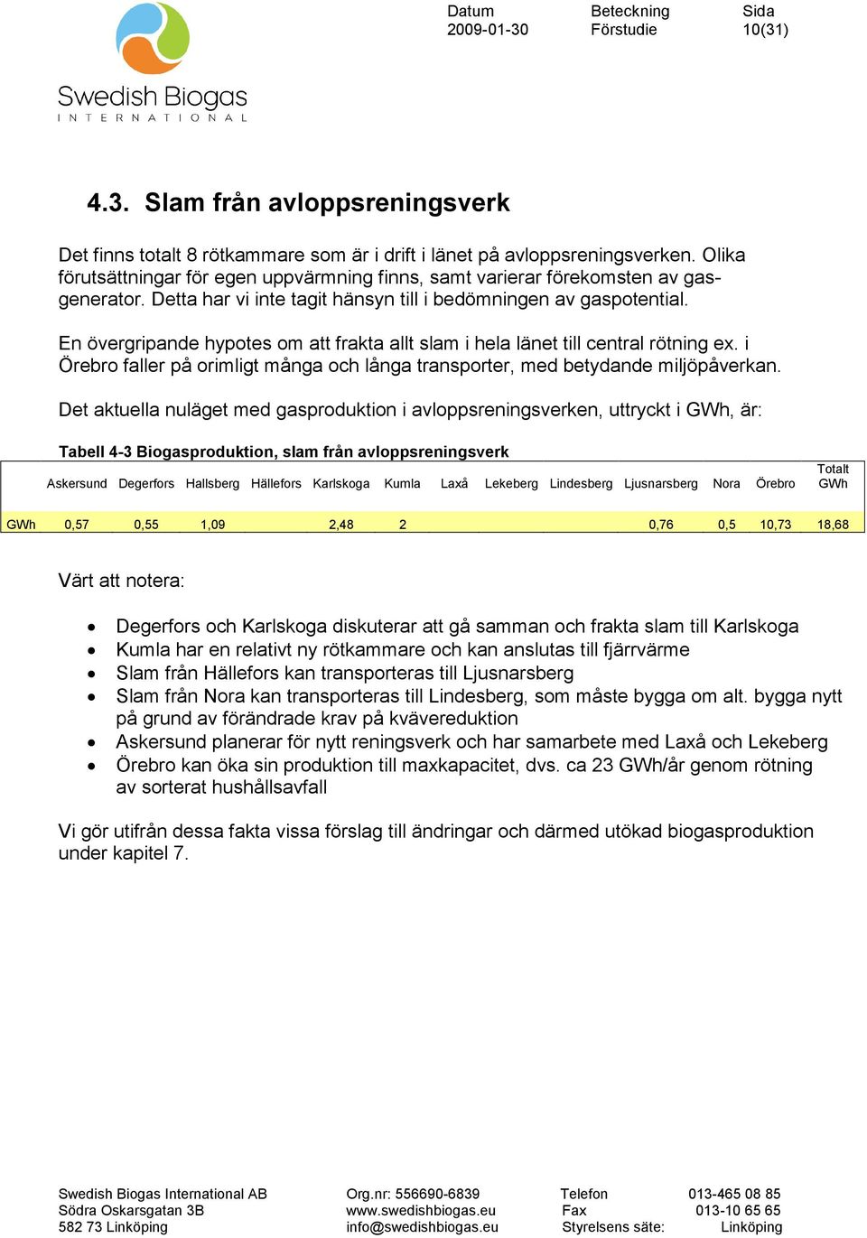 En övergripande hypotes om att frakta allt slam i hela länet till central rötning ex. i Örebro faller på orimligt många och långa transporter, med betydande miljöpåverkan.