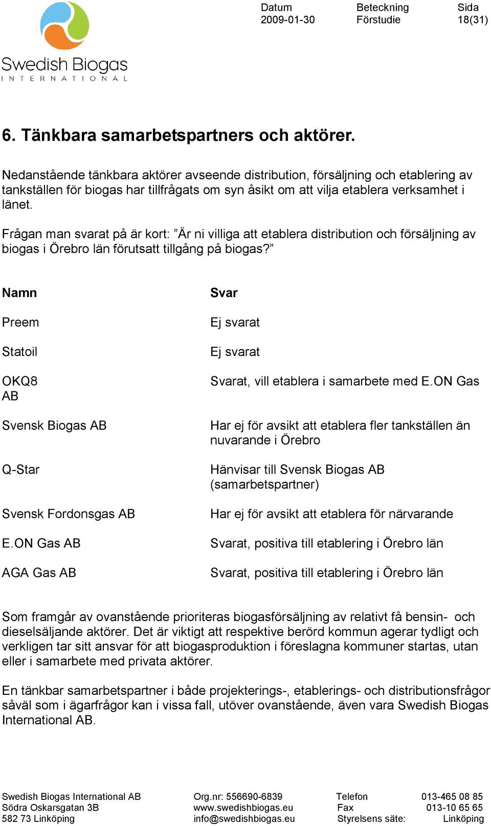 Frågan man svarat på är kort: Är ni villiga att etablera distribution och försäljning av biogas i Örebro län förutsatt tillgång på biogas?