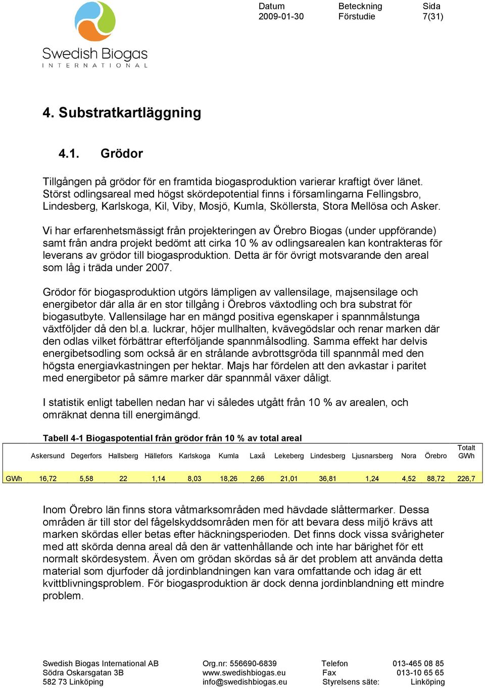 Vi har erfarenhetsmässigt från projekteringen av Örebro Biogas (under uppförande) samt från andra projekt bedömt att cirka 10 % av odlingsarealen kan kontrakteras för leverans av grödor till