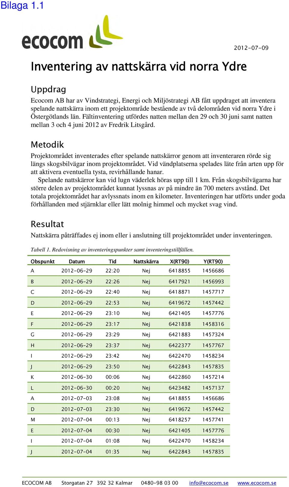 bestående av två delområden vid norra Ydre i Östergötlands län. Fältinventering utfördes natten mellan den 29 och 30 juni samt natten mellan 3 och 4 juni 2012 av Fredrik Litsgård.