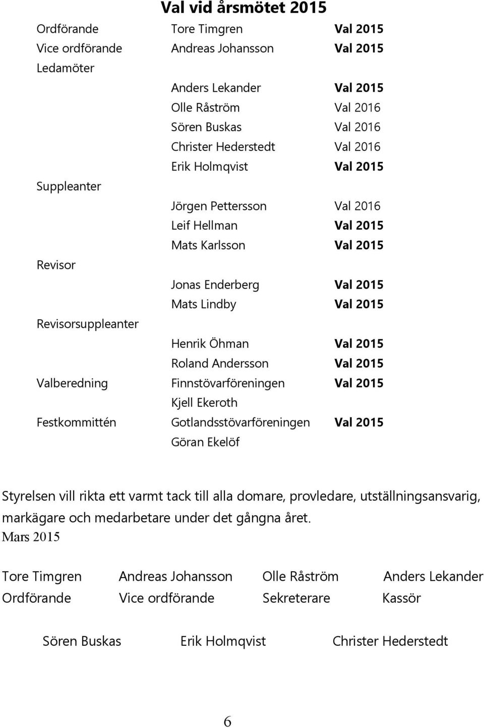 Öhman Val 2015 Roland Andersson Val 2015 Valberedning Finnstövarföreningen Val 2015 Kjell Ekeroth Festkommittén Gotlandsstövarföreningen Val 2015 Göran Ekelöf Styrelsen vill rikta ett varmt tack till