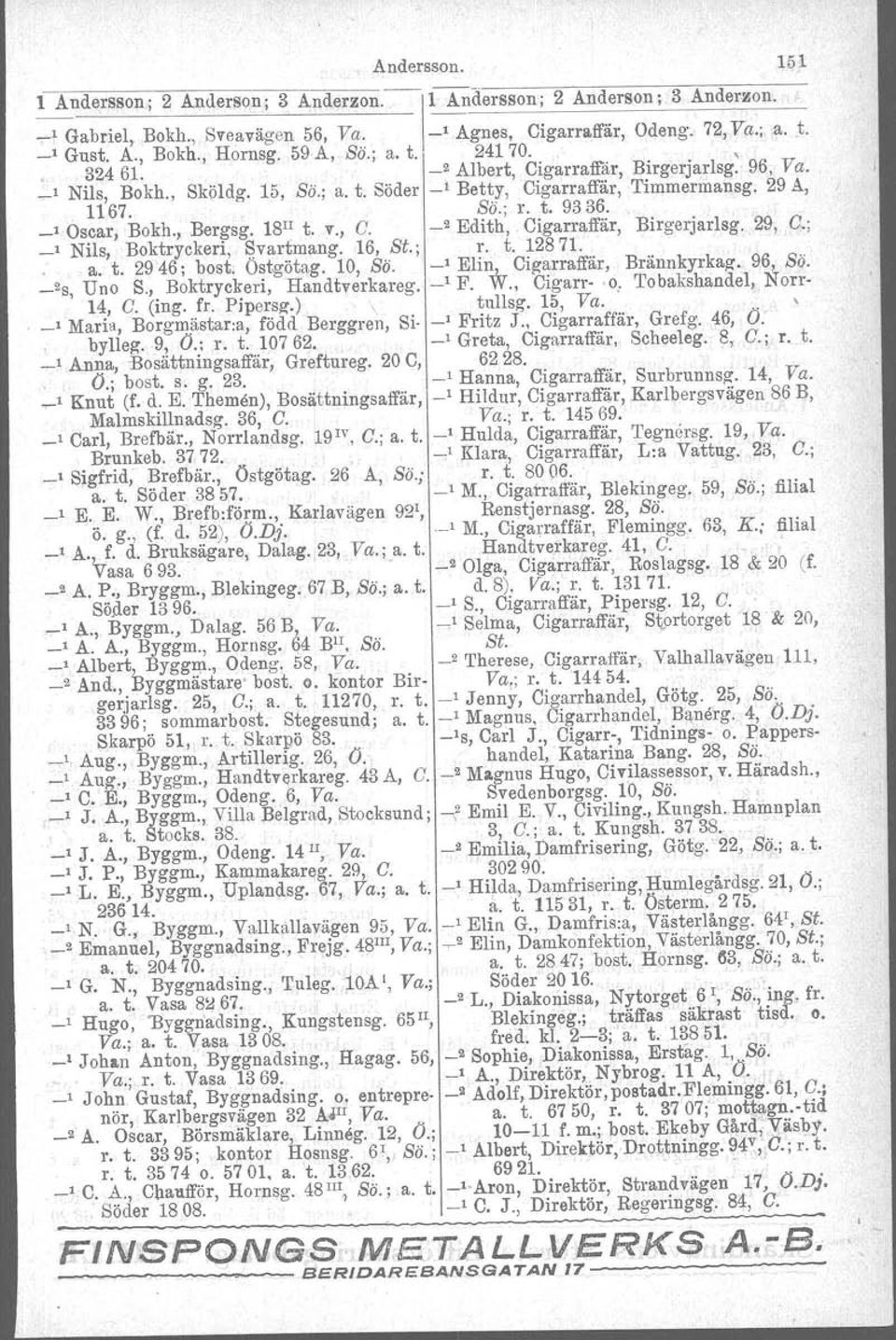 _1 Oscar, Bokh., Bergsg. 181I t. v., C. _2 Edith,. Cigarraffär, Birgerjarlsg. 29, C.; _1 Nils, Boktryckeri, 8,vartmang. 16, St.; r. t. 12871. o a. t. 2946; bost. Ostgötag. 10, Sö.