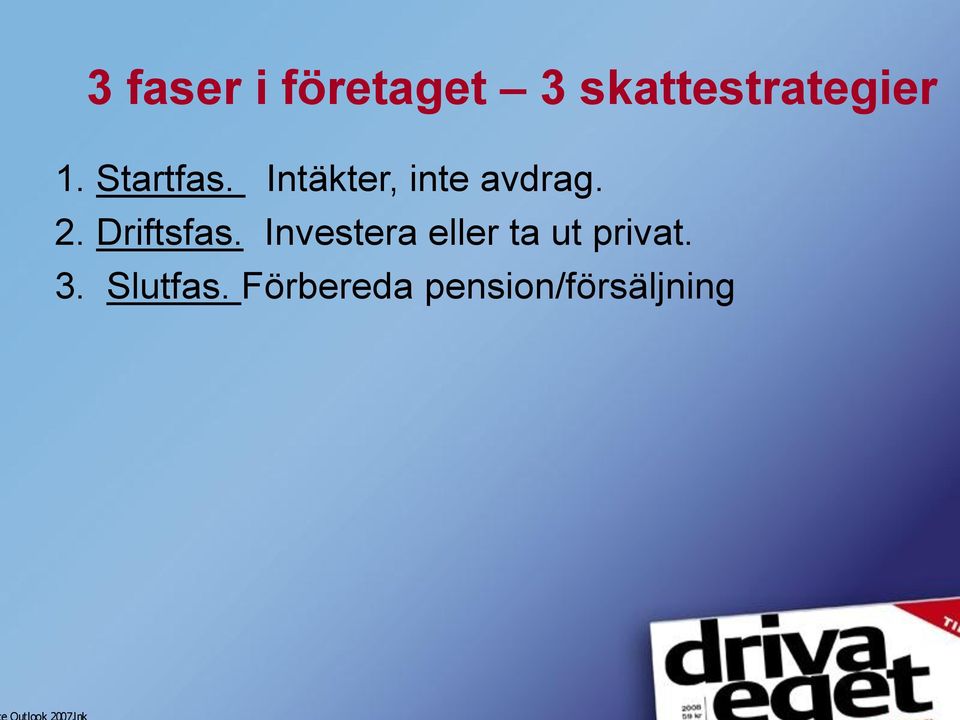 Driftsfas. Investera eller ta ut privat.