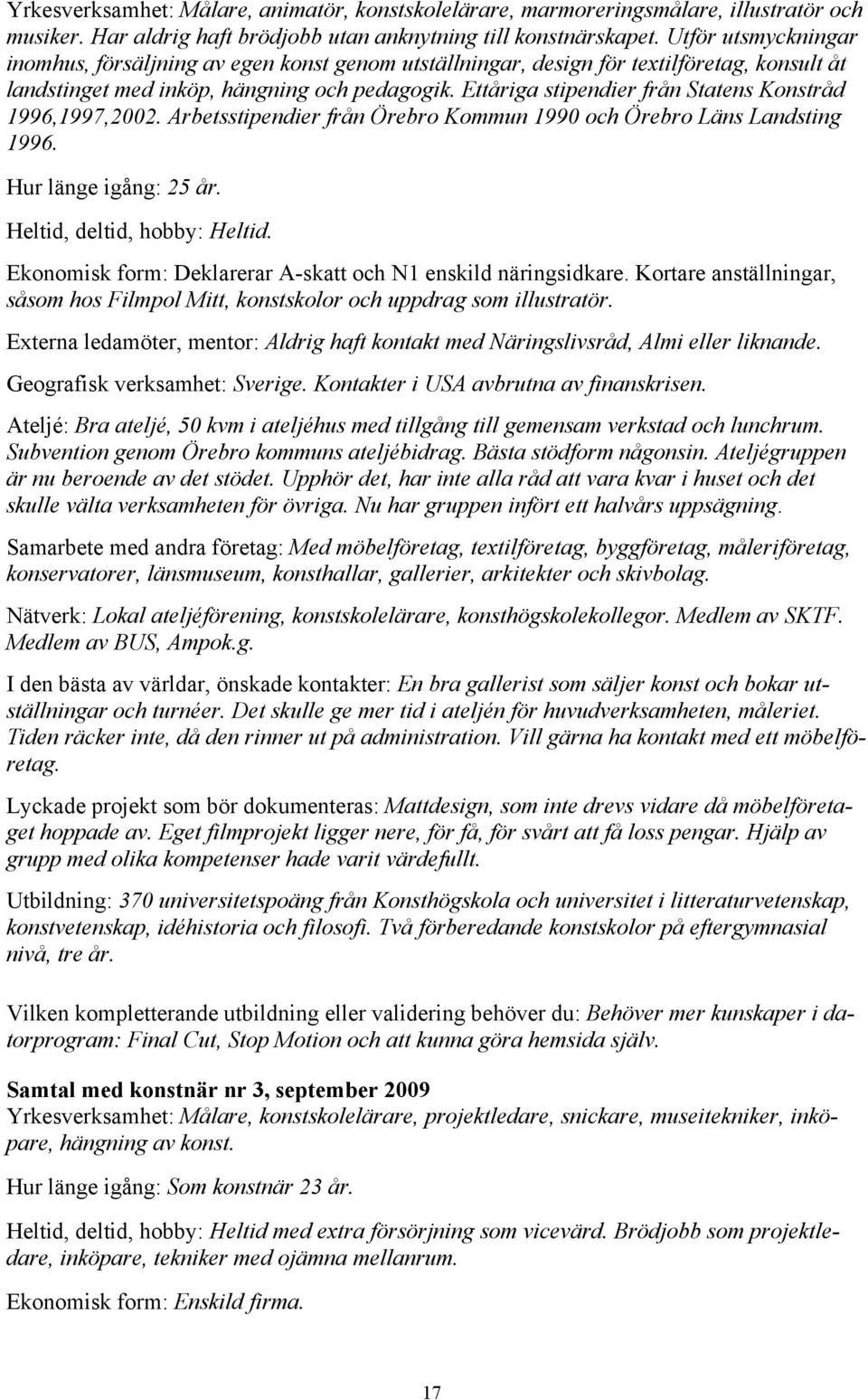 Ettåriga stipendier från Statens Konstråd 1996,1997,2002. Arbetsstipendier från Örebro Kommun 1990 och Örebro Läns Landsting 1996. Hur länge igång: 25 år. Heltid, deltid, hobby: Heltid.