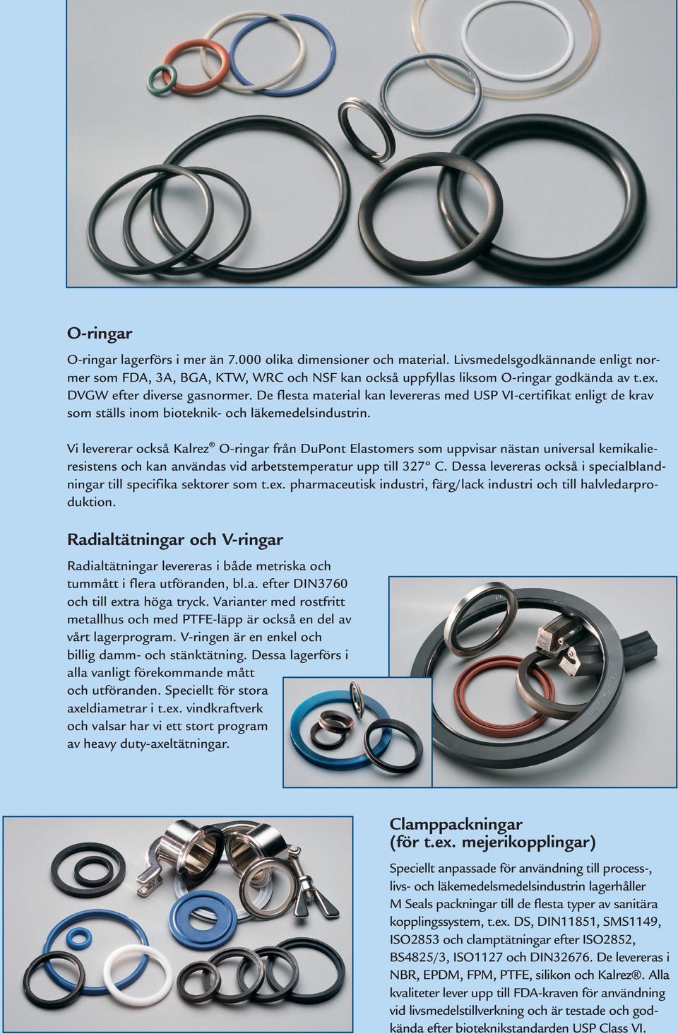 Vi levererar också Kalrez O-ringar från DuPont Elastomers som uppvisar nästan universal kemikalieresistens och kan användas vid arbetstemperatur upp till 327º C.