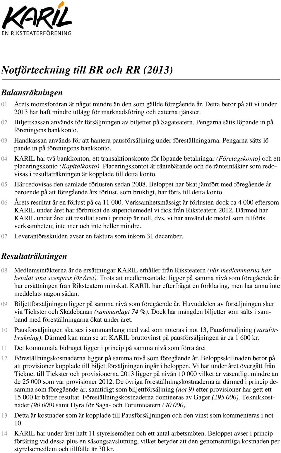 Pengarna sätts löpande in på föreningens bankkonto. 03 Handkassan används för att hantera pausförsäljning under föreställningarna. Pengarna sätts löpande in på föreningens bankkonto.