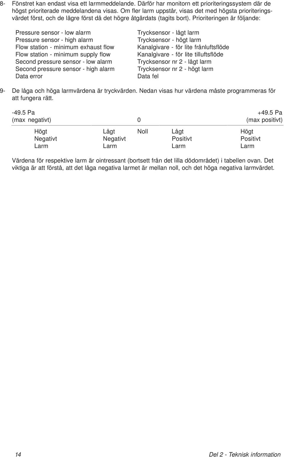 Prioriteringen är följande: Pressure sensor - low alarm Pressure sensor - high alarm Flow station - minimum exhaust flow Flow station - minimum supply flow Second pressure sensor - low alarm Second