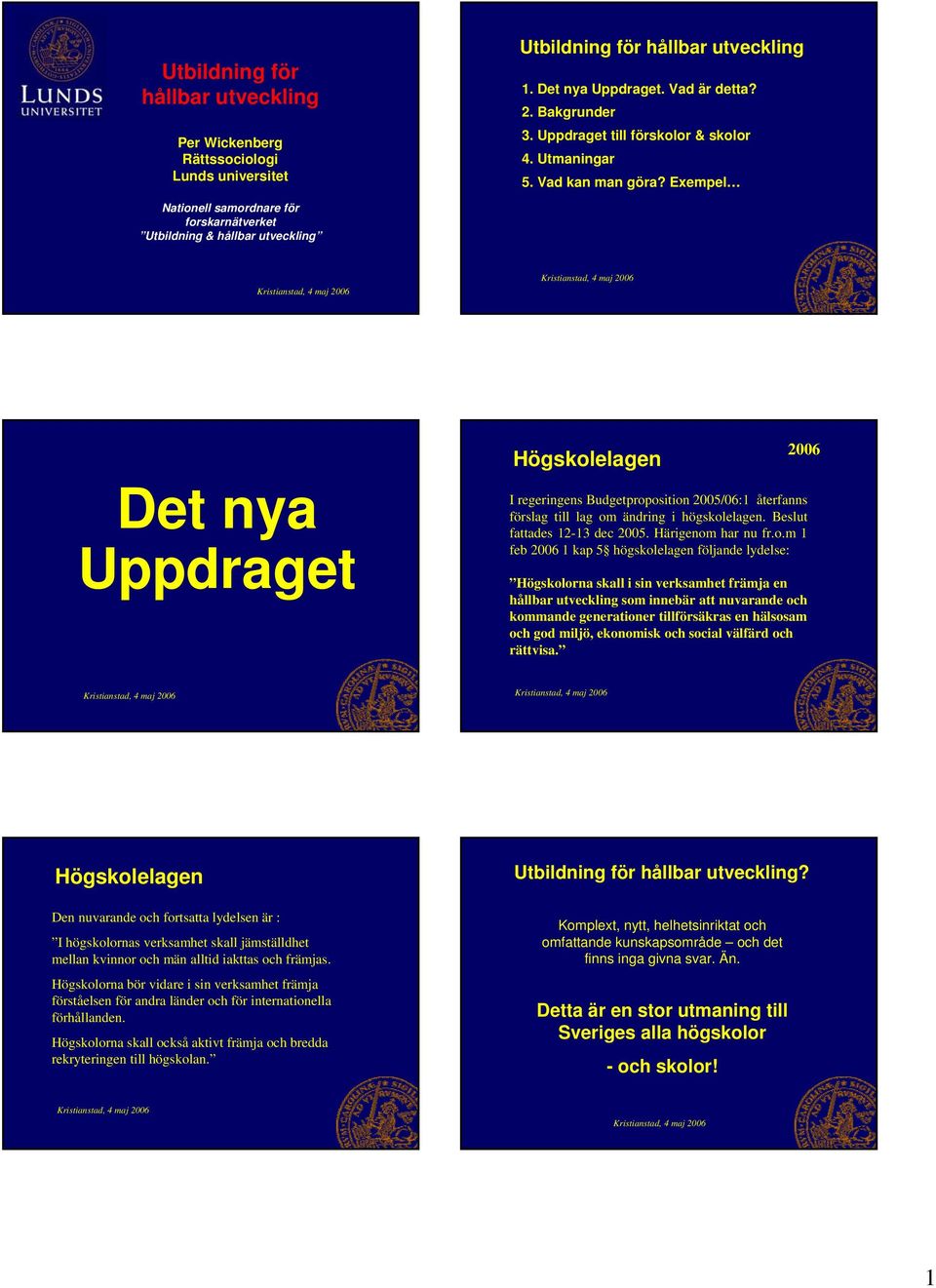 Exempel Nationell samordnare för forskarnätverket Utbildning & hållbar utveckling Det nya Uppdraget Högskolelagen 2006 I regeringens Budgetproposition 2005/06:1 återfanns förslag till lag om ändring