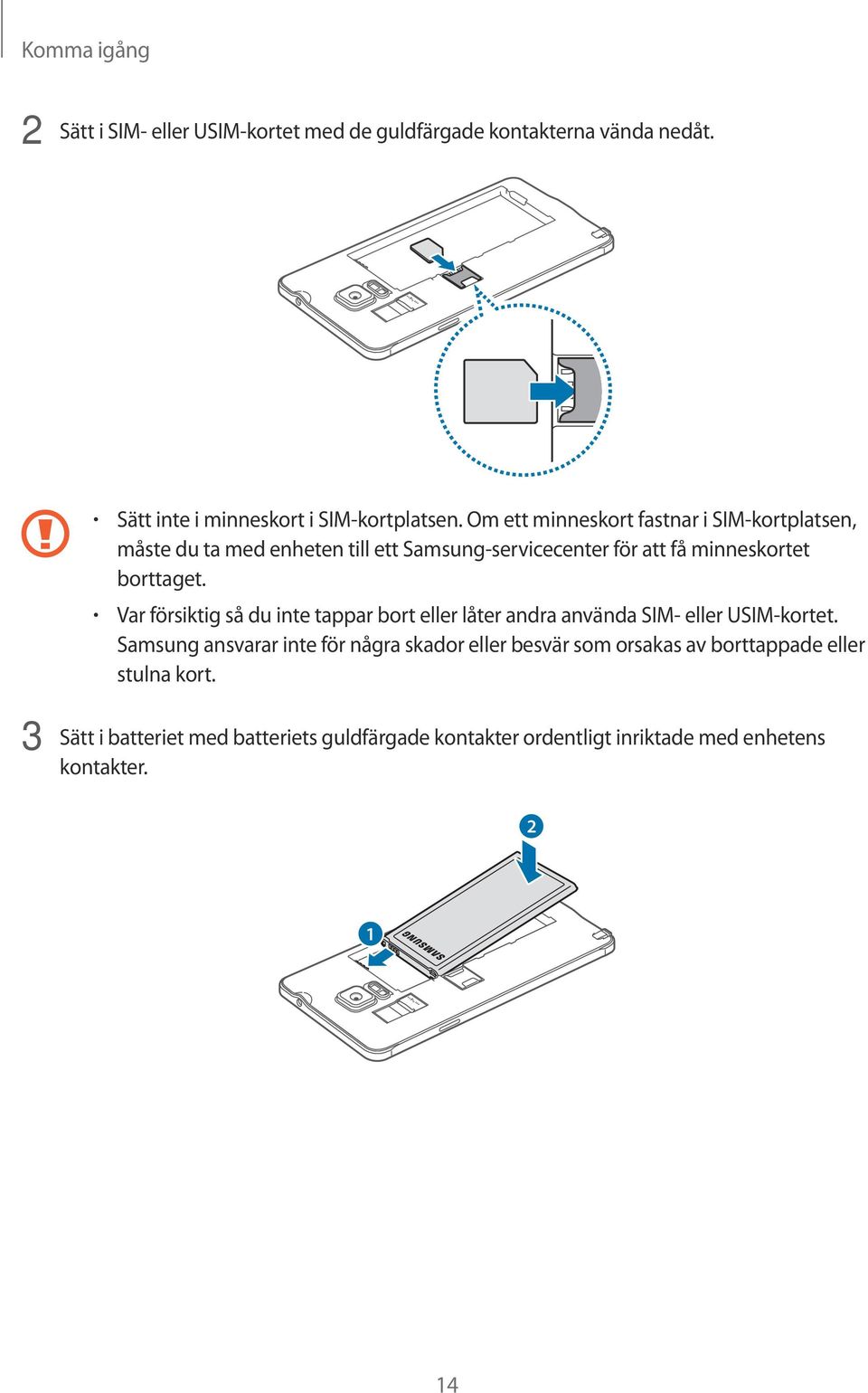 Var försiktig så du inte tappar bort eller låter andra använda SIM- eller USIM-kortet.