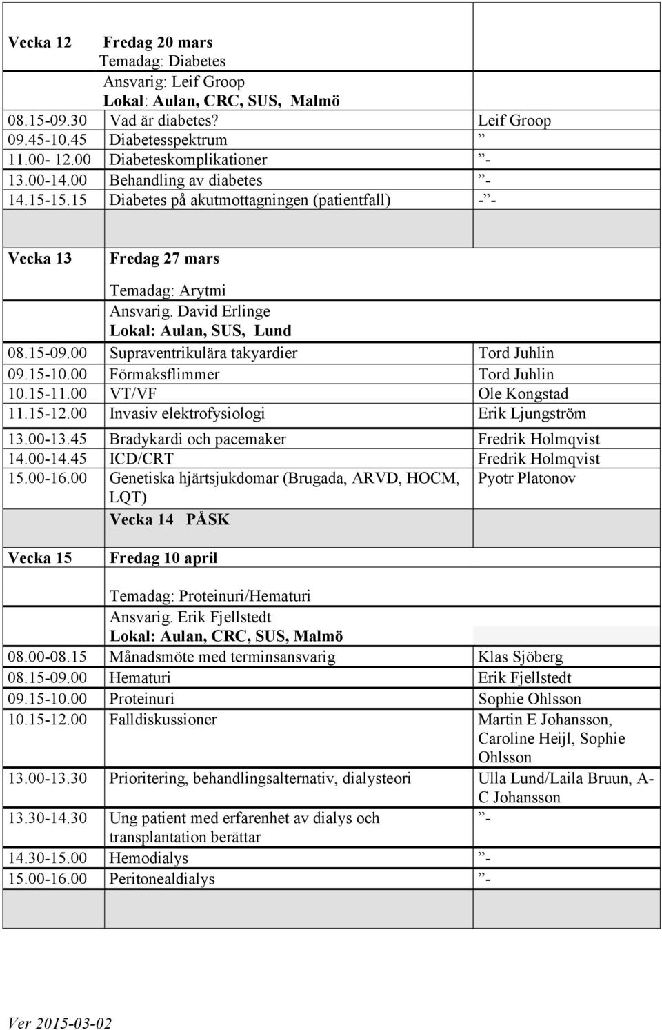 00 Supraventrikulära takyardier Tord Juhlin 09.15-10.00 Förmaksflimmer Tord Juhlin 10.15-11.00 VT/VF Ole Kongstad 11.15-12.00 Invasiv elektrofysiologi Erik Ljungström 13.00-13.