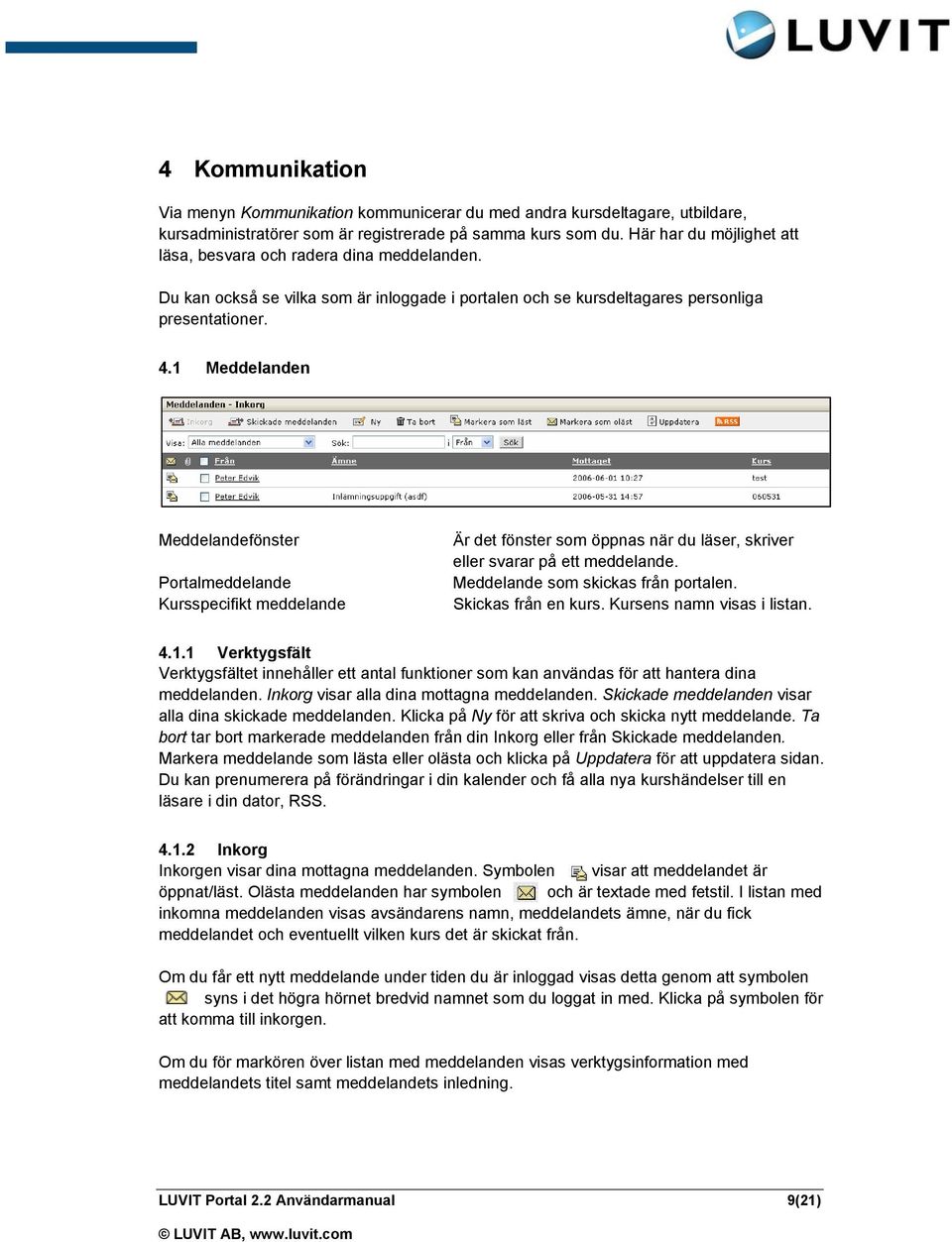 1 Meddelanden Meddelandefönster Portalmeddelande Kursspecifikt meddelande Är det fönster som öppnas när du läser, skriver eller svarar på ett meddelande. Meddelande som skickas från portalen.