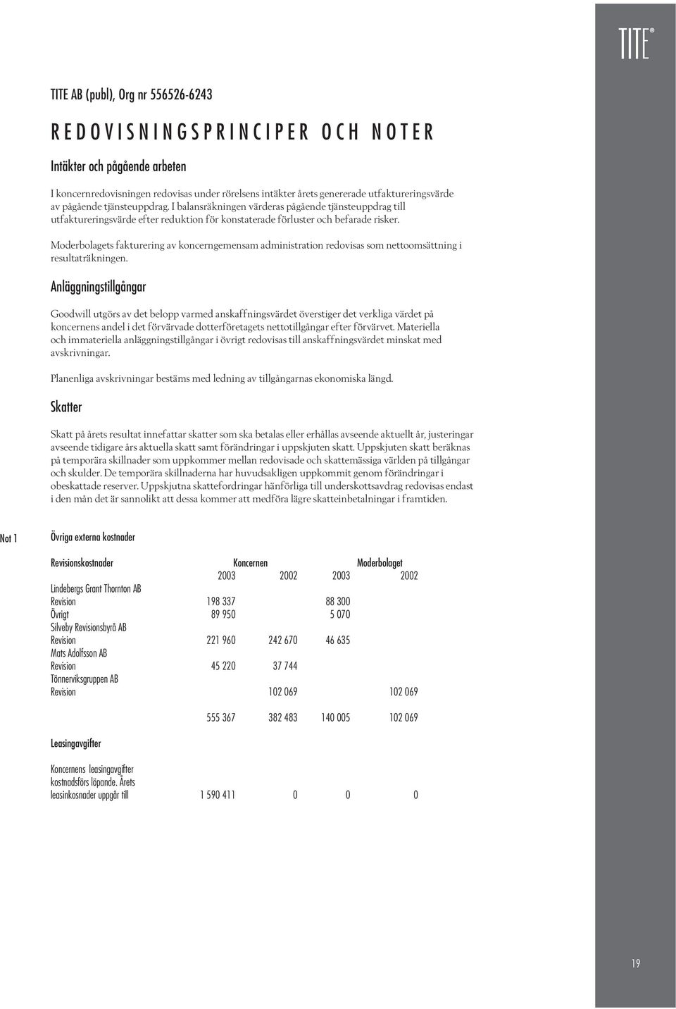 Moderbolagets fakturering av koncerngemensam administration redovisas som nettoomsättning i resultaträkningen.