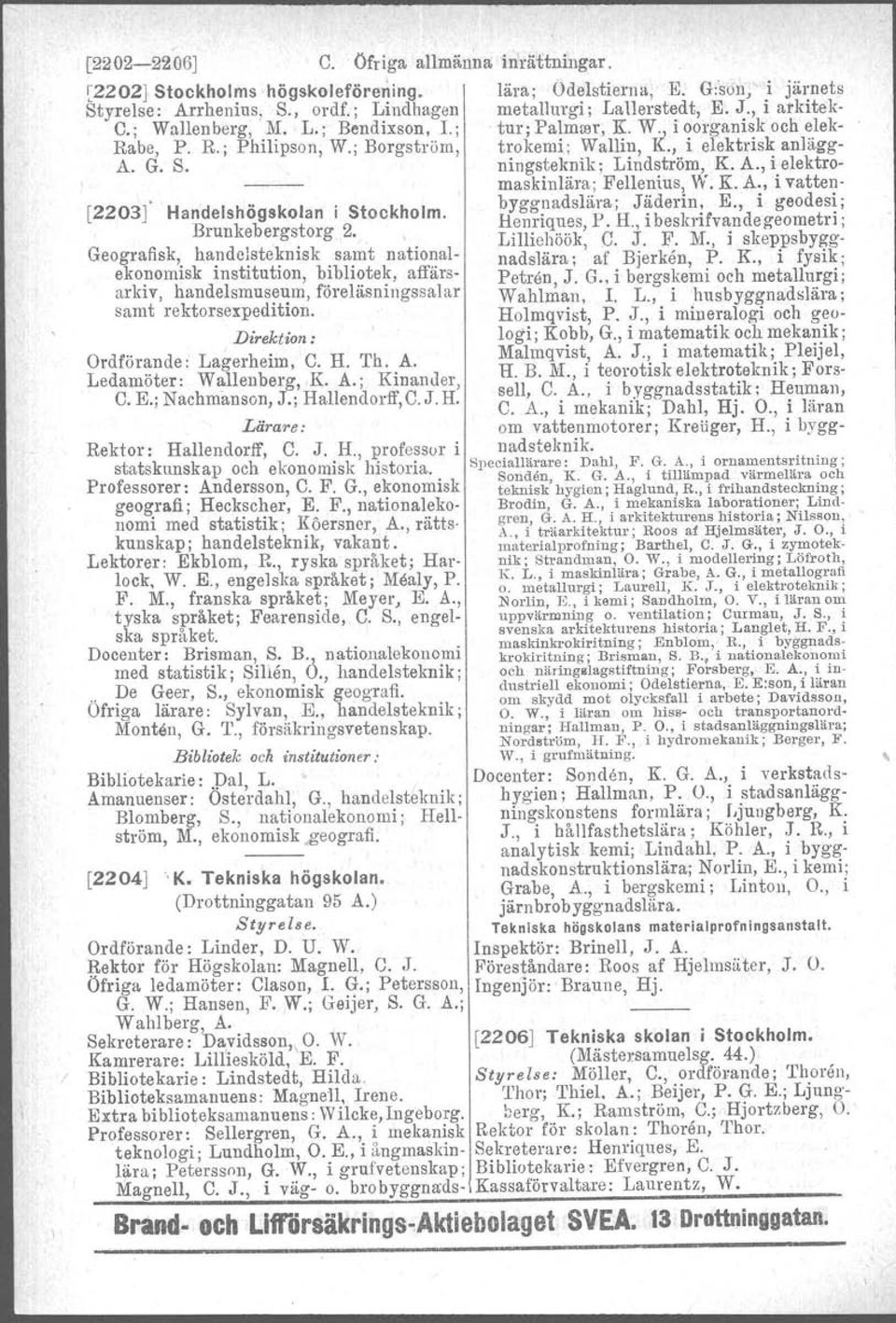 ningsteknik; Lindström, K. A., i elektromaskinlära; Fellenius, W. K. A., i vattenbyggnadslära ; Jäderin, E., i geodesi; [2203] Handelshögskolan i Stockholm. Brunkebergstorg 2.