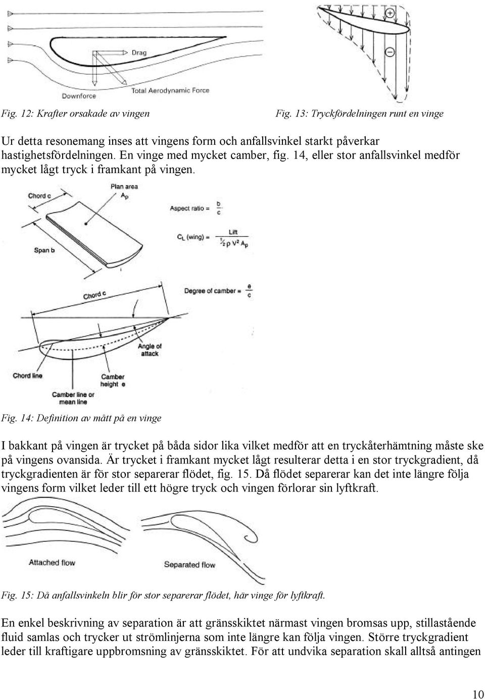 14: Definition av mått på en vinge I bakkant på vingen är trycket på båda sidor lika vilket medför att en tryckåterhämtning måste ske på vingens ovansida.