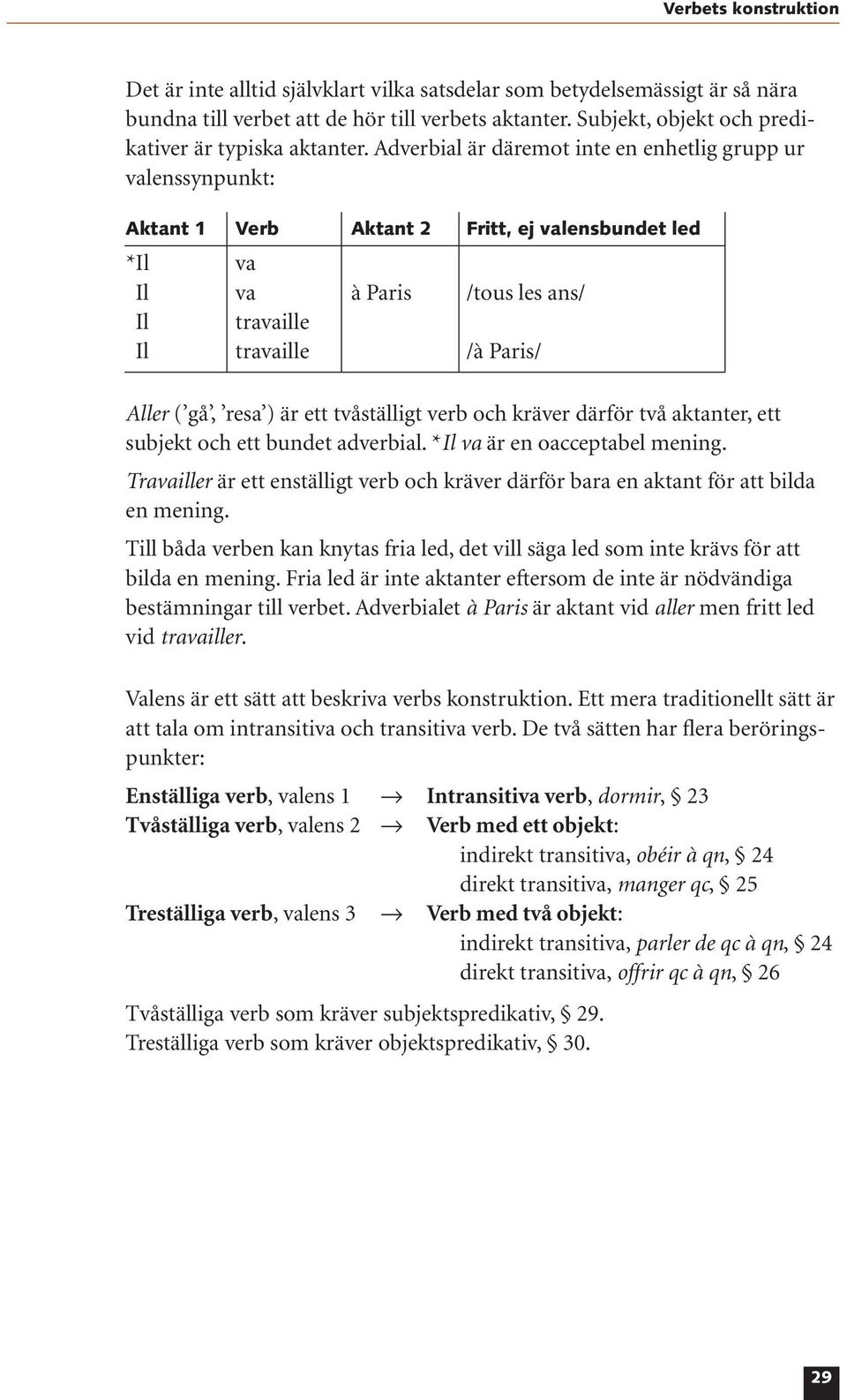 Adverbial är däremot inte en enhetlig grupp ur valenssynpunkt: Aktant 1 Verb Aktant 2 Fritt, ej valensbundet led *Il va Il va à Paris /tous les ans/ Il travaille Il travaille /à Paris/ Aller ( gå,